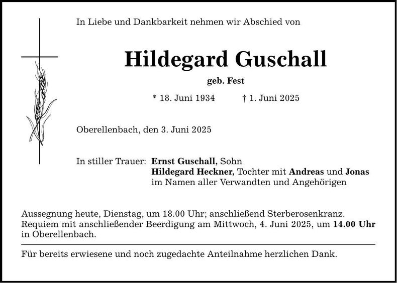Traueranzeige Hildegard Guschall