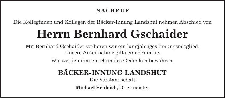 Traueranzeige Bernhard Gschaider