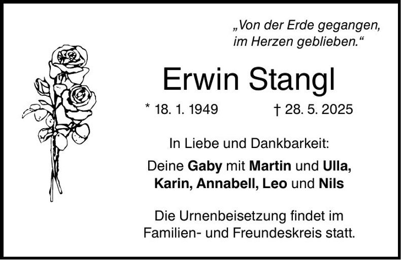 Traueranzeige Erwin Stangl