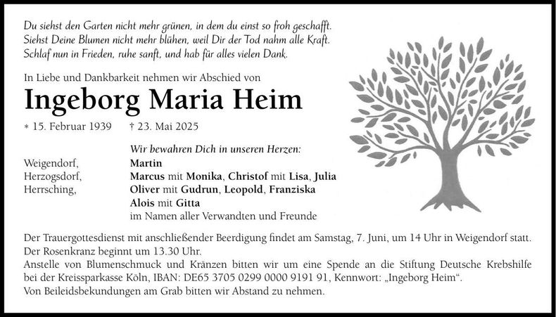Traueranzeige Ingeborg Maria Heim