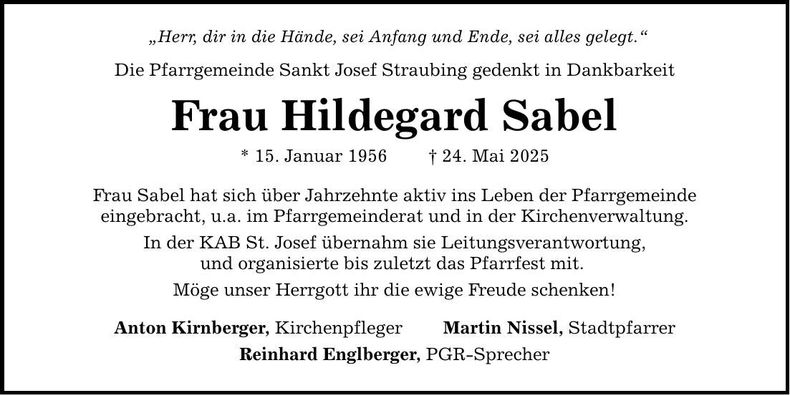 Traueranzeige Hildegard Sabel