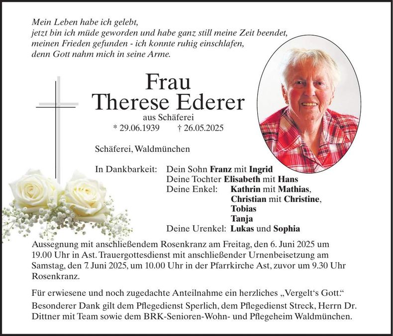 Traueranzeige Therese Ederer