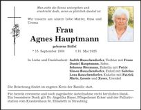 Traueranzeige Agnes Hauptmann