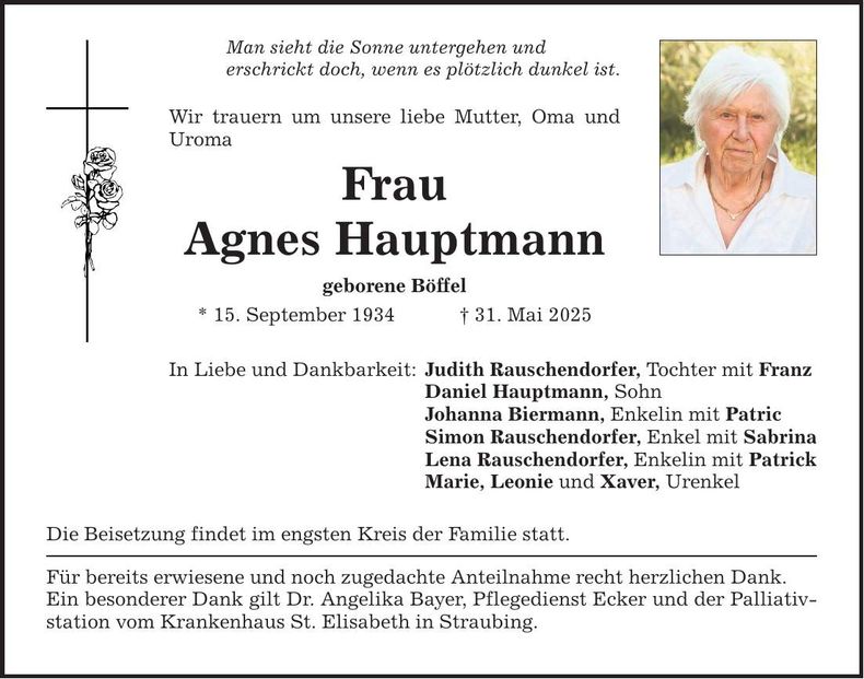 Traueranzeige Agnes Hauptmann