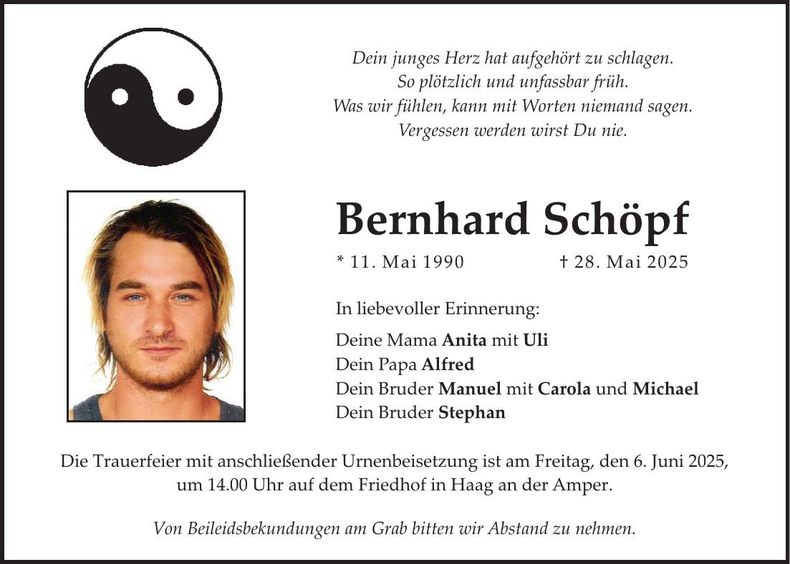 Traueranzeige Bernhard Schöpf
