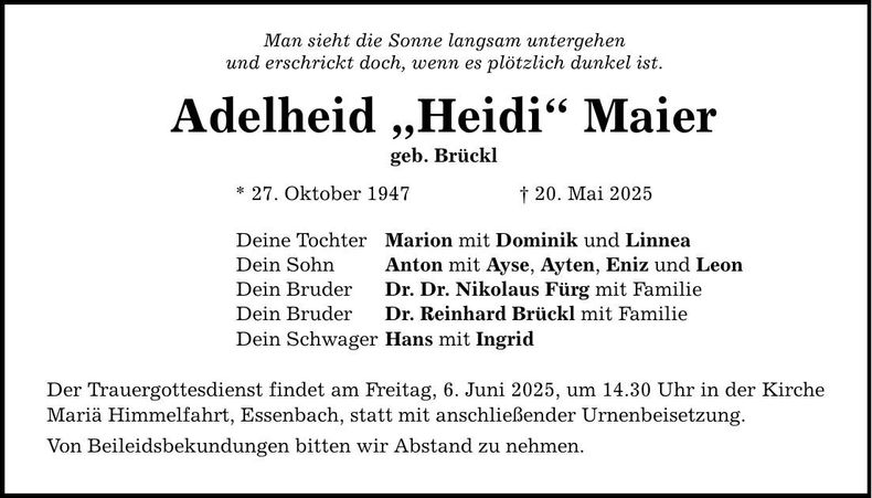 Traueranzeige Adelheid Maier