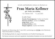 Traueranzeige Maria Kollmer