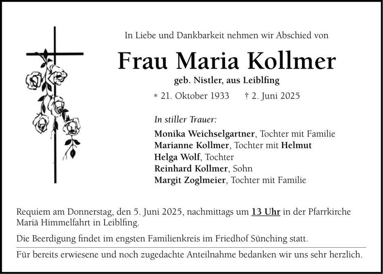 Traueranzeige Maria Kollmer