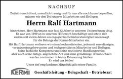 Traueranzeige Ralf Hartmann
