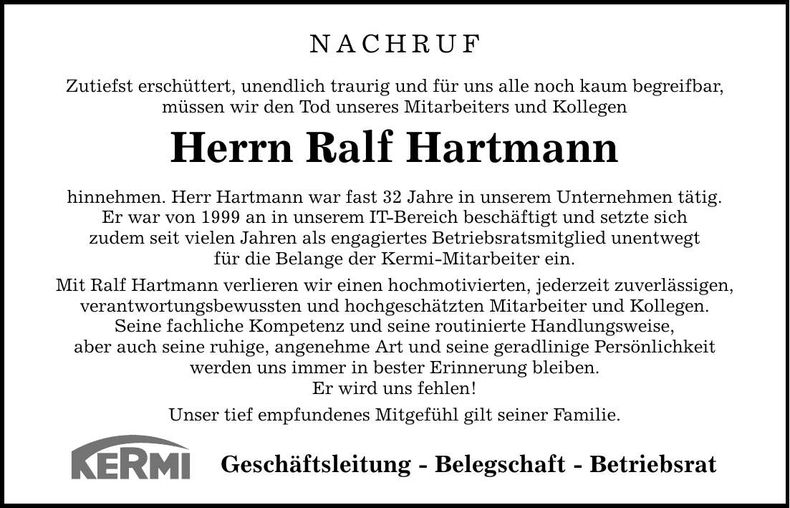 Traueranzeige Ralf Hartmann
