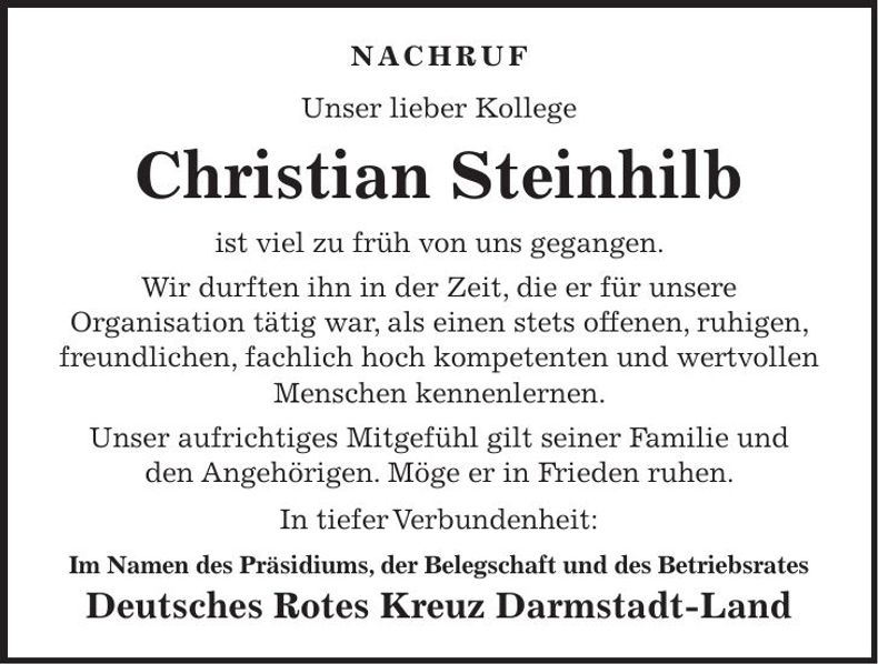 Traueranzeige Christian Steinhilb