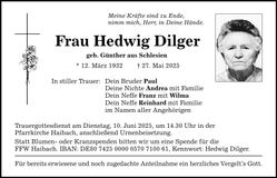 Traueranzeige Hedwig Dilger