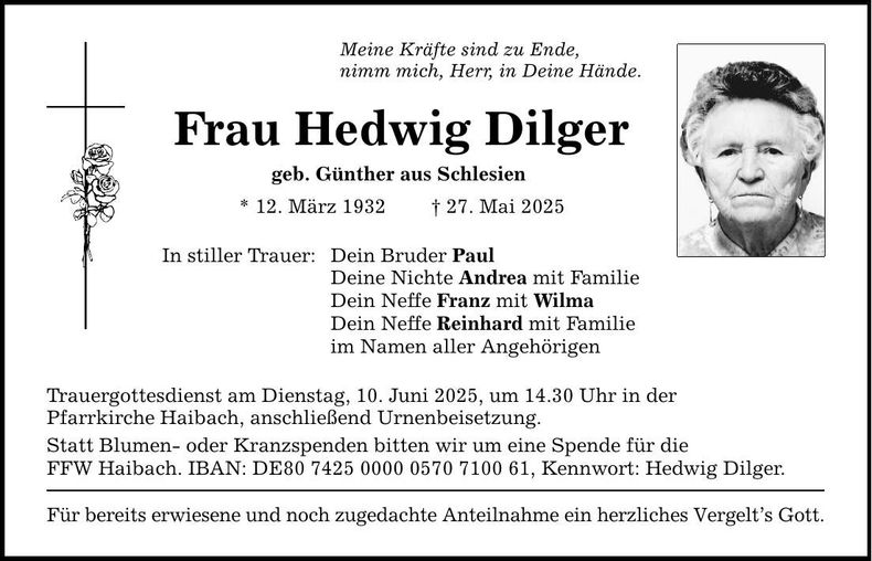 Traueranzeige Hedwig Dilger