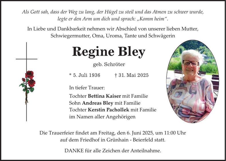 Traueranzeige Regine Bley