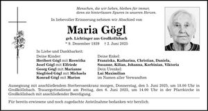 Traueranzeige Maria Gögl