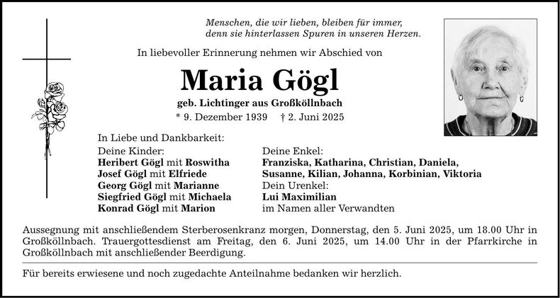 Traueranzeige Maria Gögl
