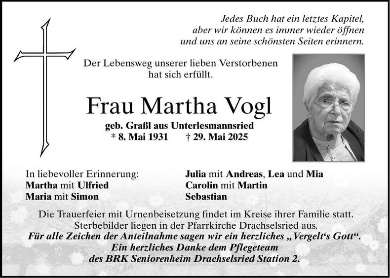 Traueranzeige Martha Vogl