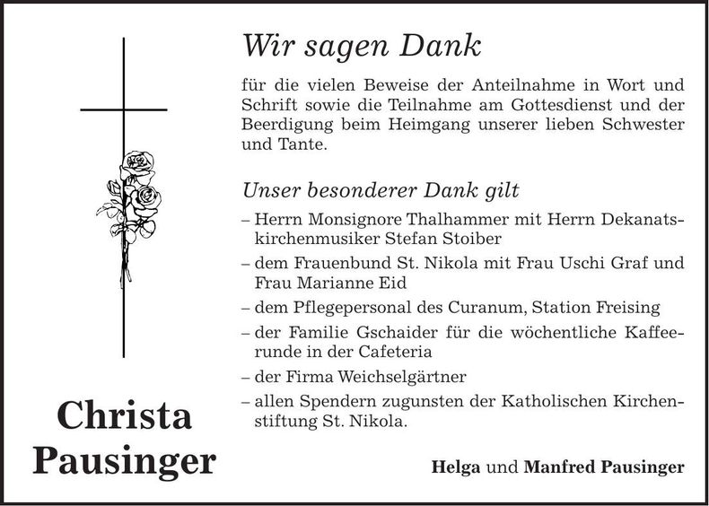 Traueranzeige Christa Pausinger