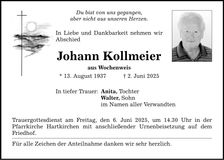 Traueranzeige Johann Kollmeier