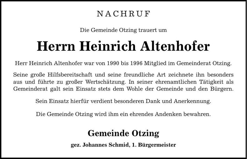 Traueranzeige Heinrich Altenhofer