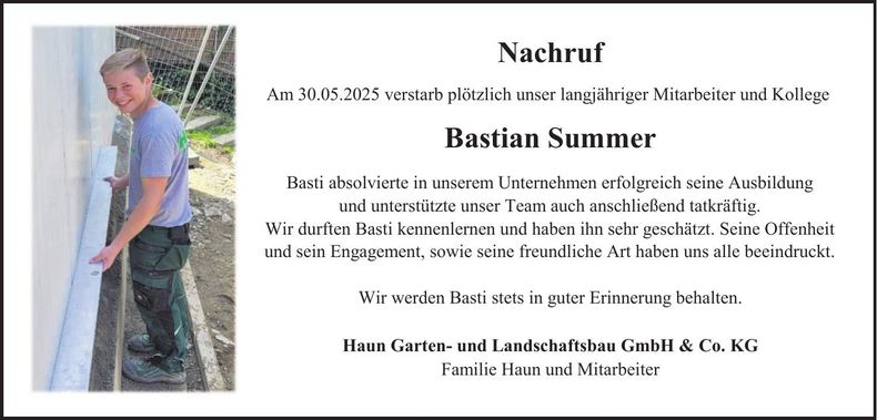Traueranzeige Bastian Summer