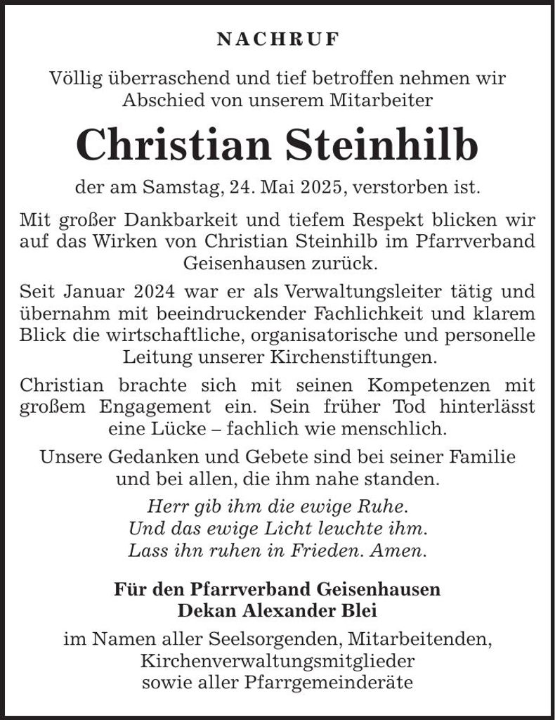 Traueranzeige Christian Steinhilb