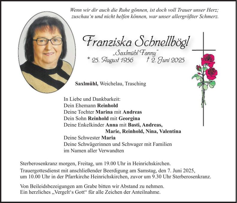 Traueranzeige Franziska Schnellbögl