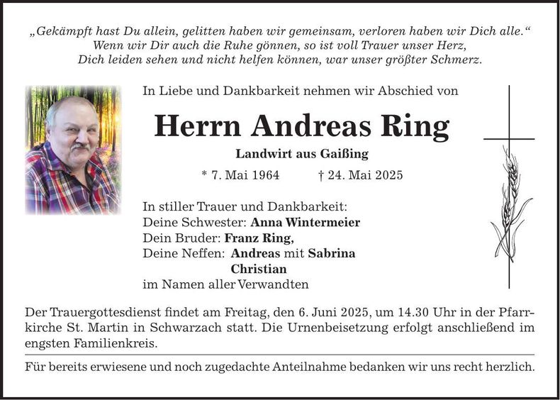 Traueranzeige Andreas Ring