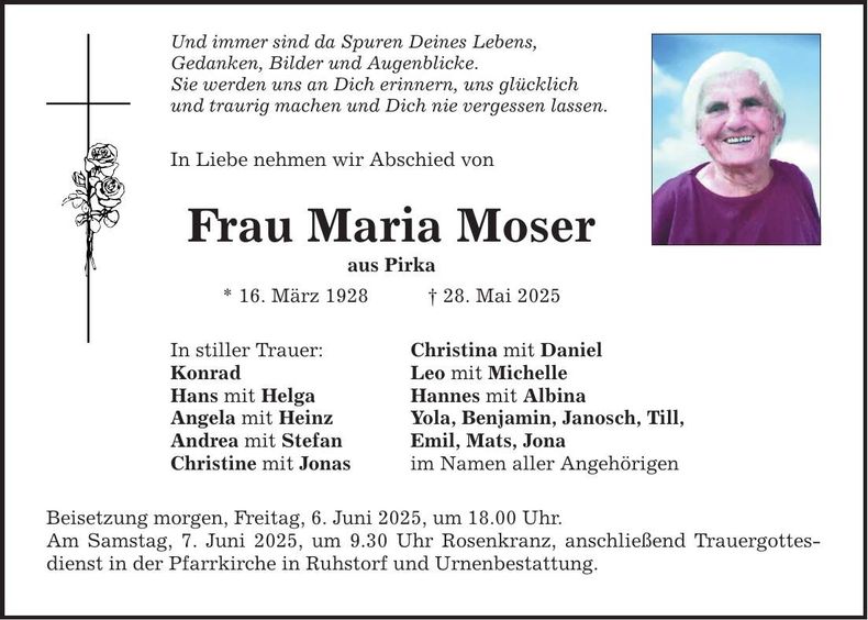 Traueranzeige Maria Moser