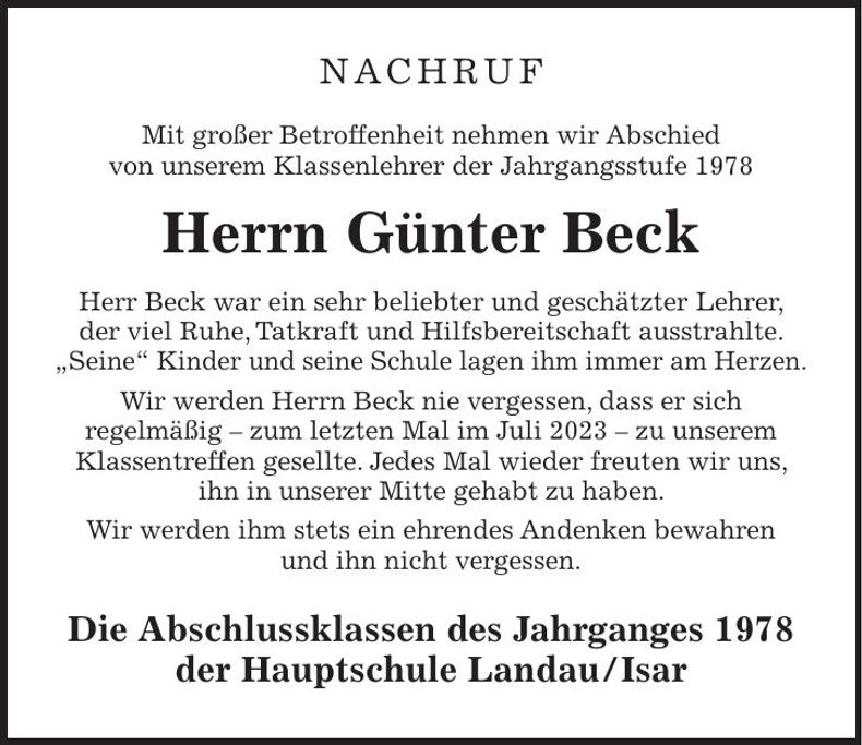 Traueranzeige Günter Beck
