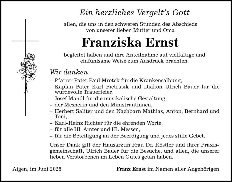 Traueranzeige Franziska Ernst