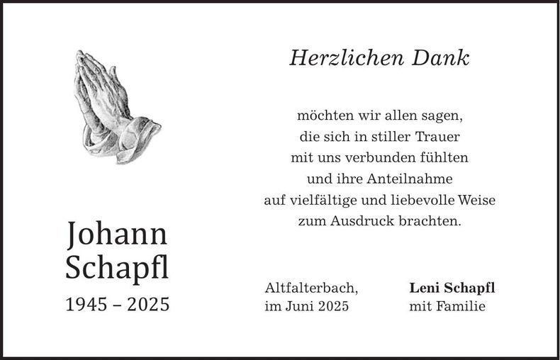 Traueranzeige Johann Schapfl