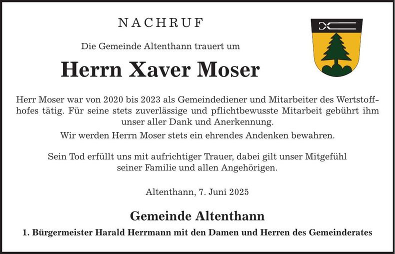 Traueranzeige Xaver Moser