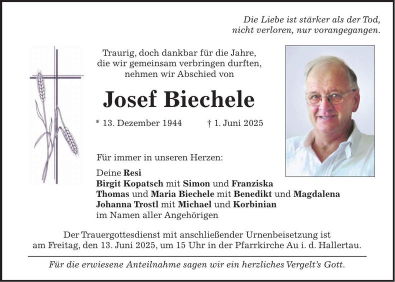 Traueranzeige Josef Biechele