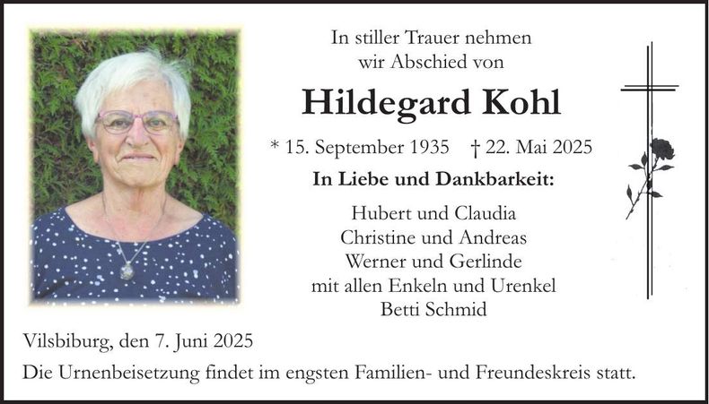Traueranzeige Hildegard Kohl