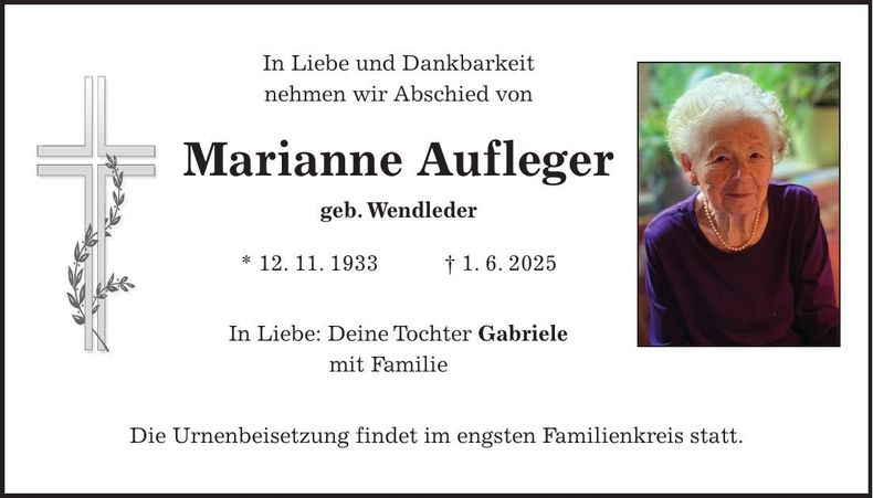 Traueranzeige Marianne Aufleger