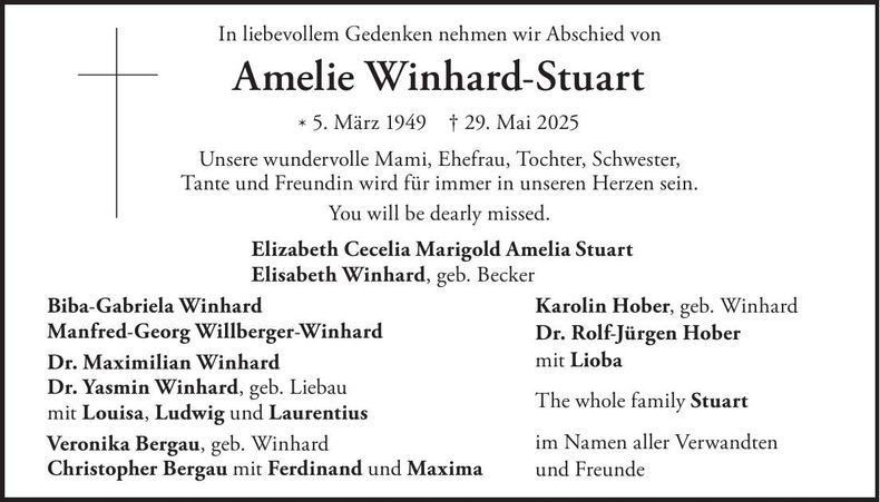 Traueranzeige Amelie Winhard-Stuart