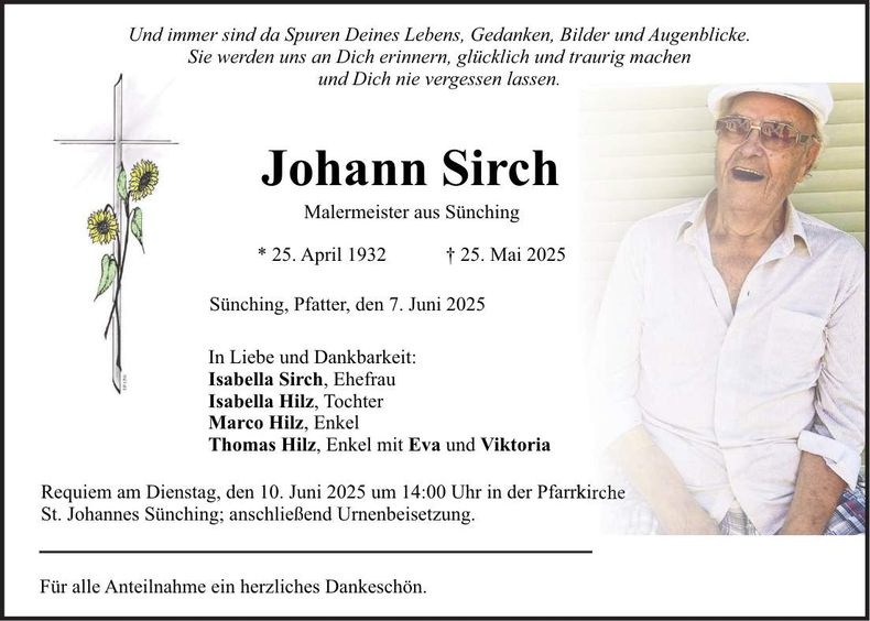 Traueranzeige Johann Sirch