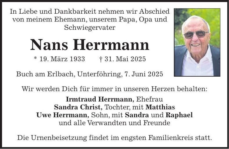 Traueranzeige Nans Herrmann