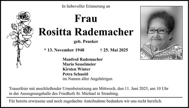 Traueranzeige Rositta Rademacher