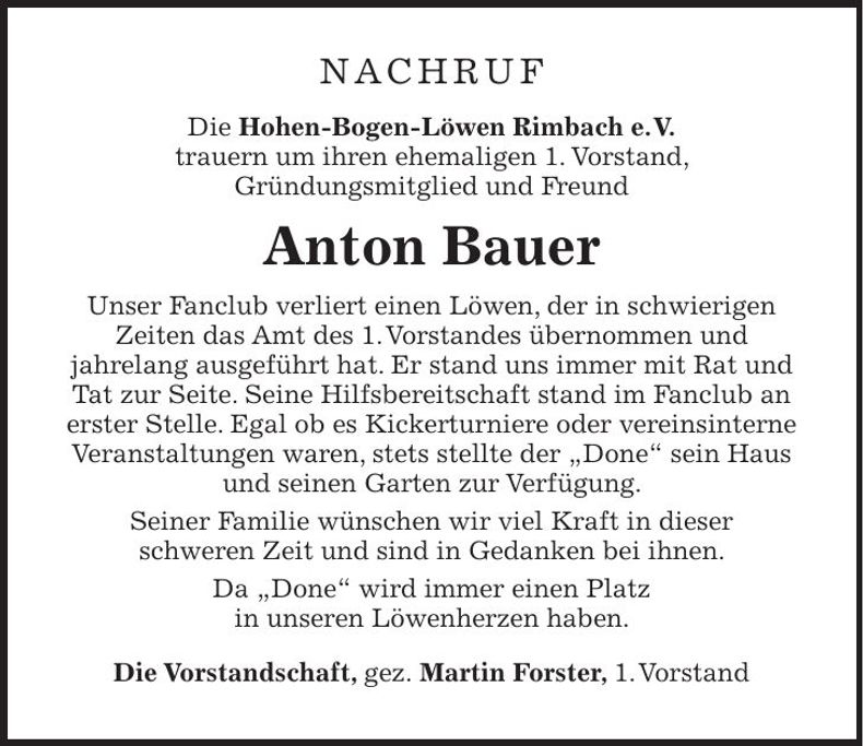 Traueranzeige Anton Bauer