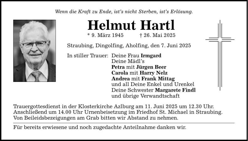 Traueranzeige Helmut Hartl