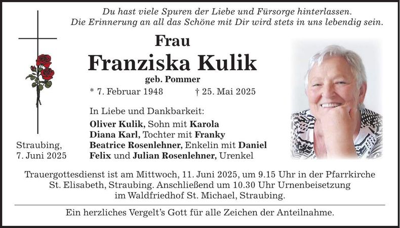 Traueranzeige Franziska Kulik