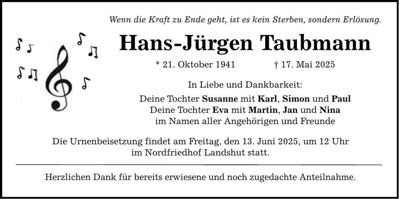 Traueranzeige Hans-Jürgen Taubmann