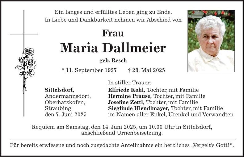 Traueranzeige Maria Dallmeier