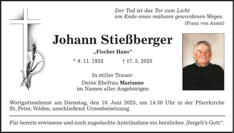 Traueranzeige Johann Stießberger