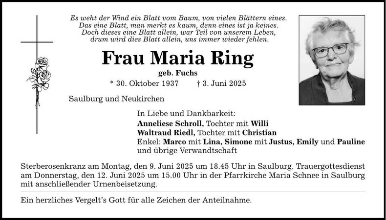 Traueranzeige Maria Ring