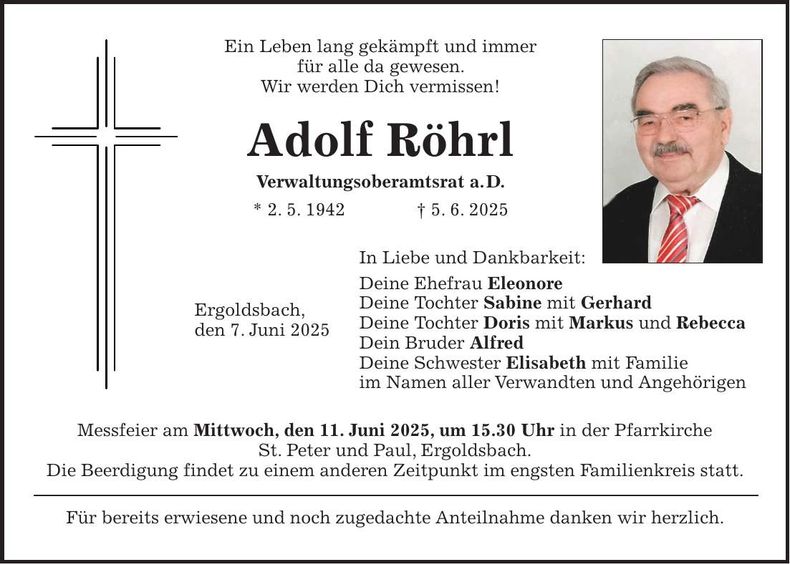 Traueranzeige Adolf Röhrl