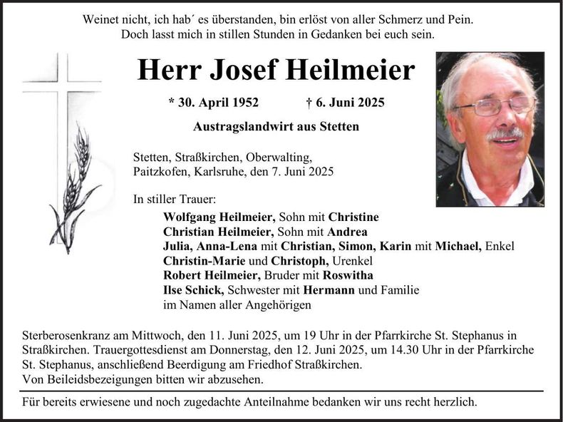 Traueranzeige Josef Heilmeier