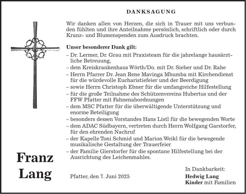 Traueranzeige Franz Lang